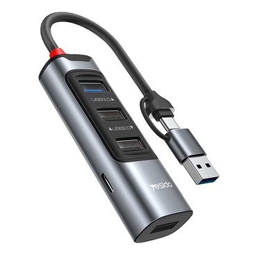 HUB postaja Yesido "5u1" "HB20" s pet USB izlaza - 4x USB-A, 1x USB-C - 100W i 5Gbps - siva - USB-C i USB-A priključak