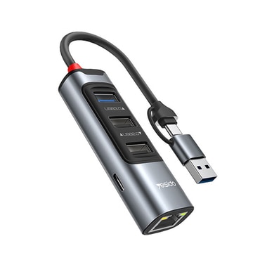 HUB postaja Yesido 5u1 "HB21" sa četiri USB izlaza - 3x USB-A, 1x USB-C i Ethernet RJ45 - 100W, 5Gbps i 100Mbps - siva - USB-C i USB-A priključak