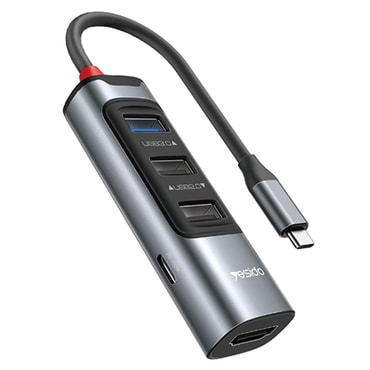 HUB postaja Yesido 5u1 "HB22" sa četiri USB izlaza - 3x USB-A, 1x USB-C i HDMI - 100W, 5Gbps i 4K - sivi - USB-C priključak