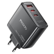Zidni adapter za punjenje Yesido "YC142" 100W s GaN tehnologijom, brzim punjenjem, 2x USB-C i 1x USB-A ulazom-crni