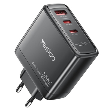 Zidni adapter za punjenje Yesido "YC142" 100W s GaN tehnologijom, brzim punjenjem, 2x USB-C i 1x USB-A ulazom-crni