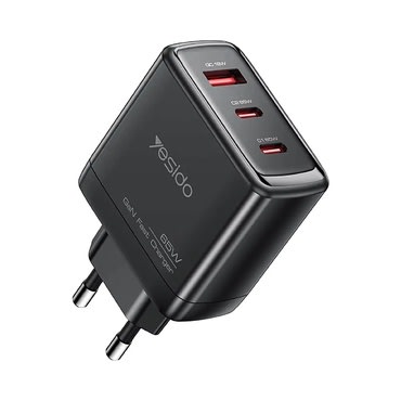 Zidni adapter za punjenje Yesido "YC144C" 65W s GaN tehnologijom, brzim punjenjem, 2x USB-C i 1x USB-A ulazom te priloženim USB-C kablom - 1m -  crni
