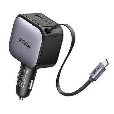 Autopunjač Ugreen EC602 60W s izvlačnim USB-C kablom i dva dodatna izlaza - sivi