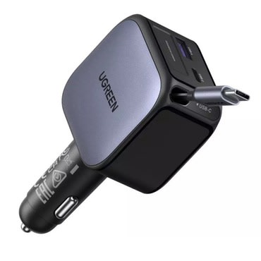 Autopunjač  Ugreen EC603 90W s izvlačnim USB-C kablom i tri izlaza - sivi