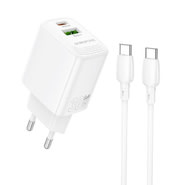 Zidni 30W GaN punjač Borofone Fuente BN29 s USB i USB-C izlazom – punjač + USB-C kabel - bijeli